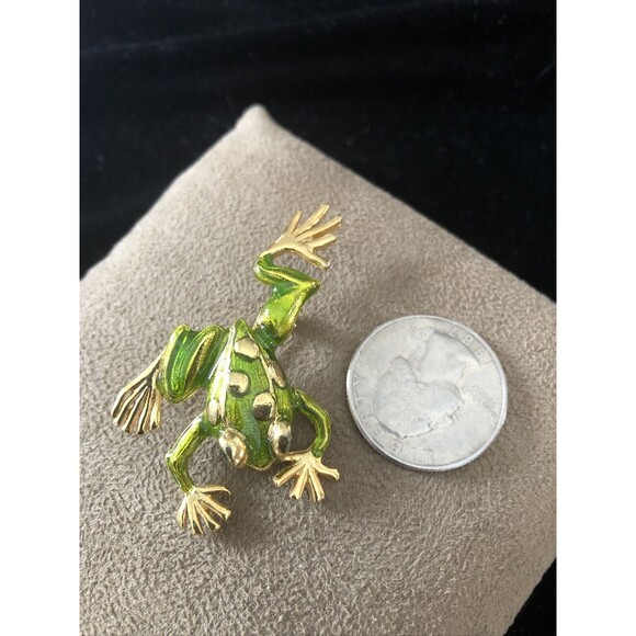 Vintage Green Enamel Gold Tone Green Rhinestone Eyes Frog Pin Brooch - Picture 7 of 7